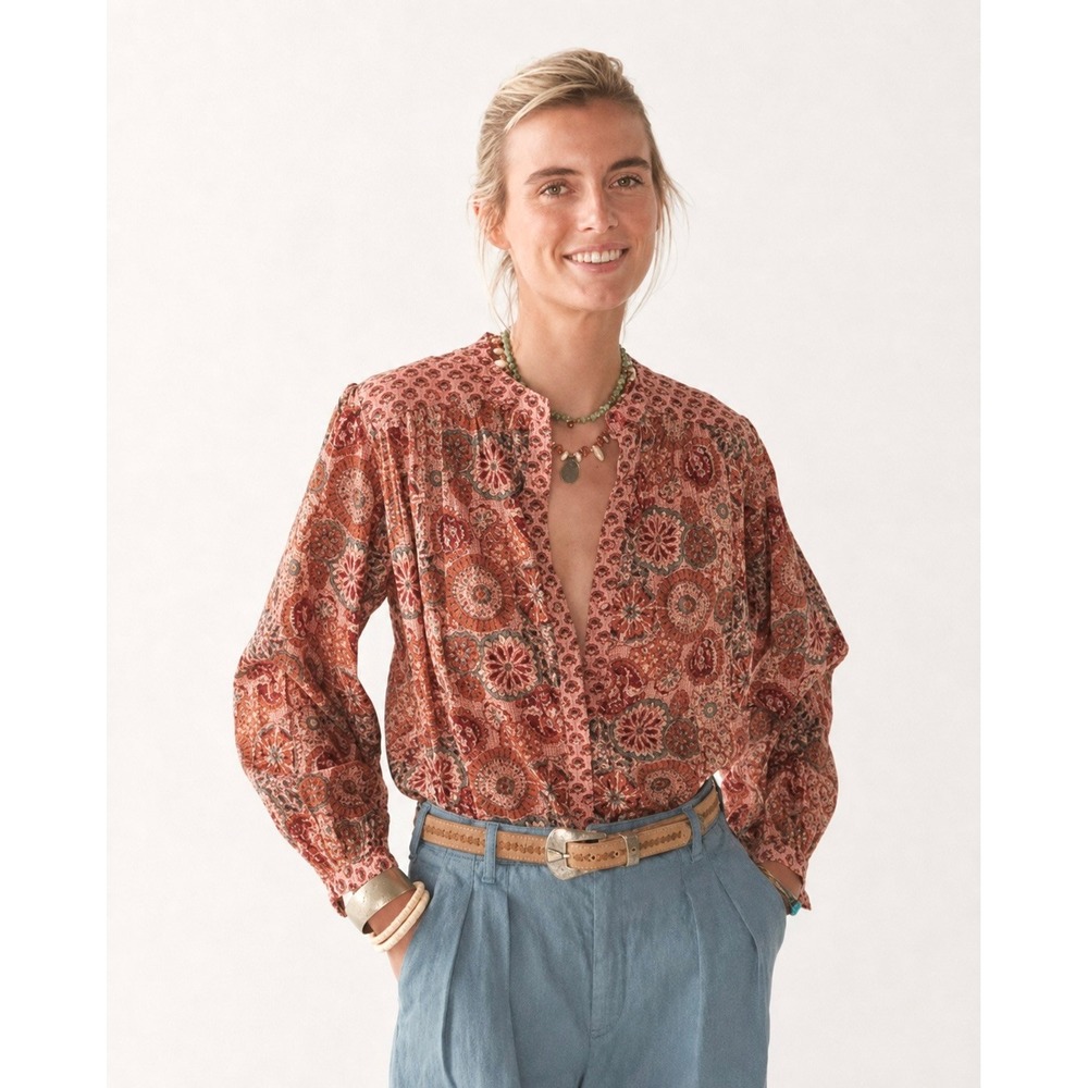 Maison Hotel Beatrice Blouse Rust Flamingo Boho Floral Cotton Top Size Medium
